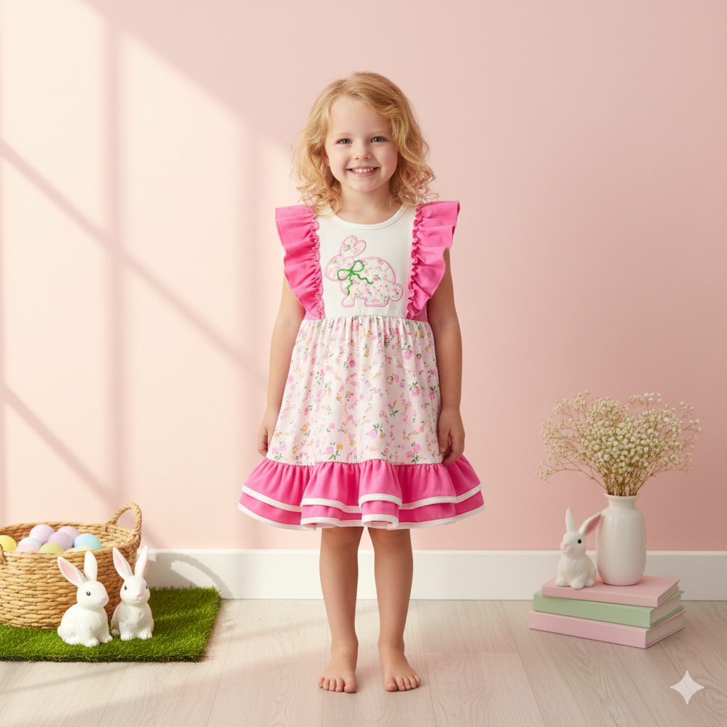 (In Stock)Girls Easter Bunny Applique Ruffle Dress