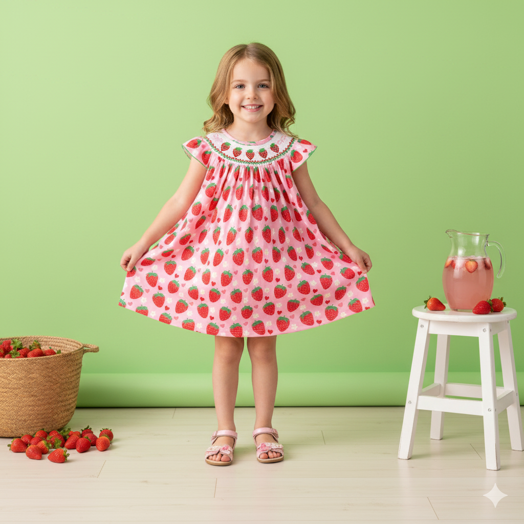 (In Stock)Girls Spring&Summer Strawberry Embroidery Smocked Dress
