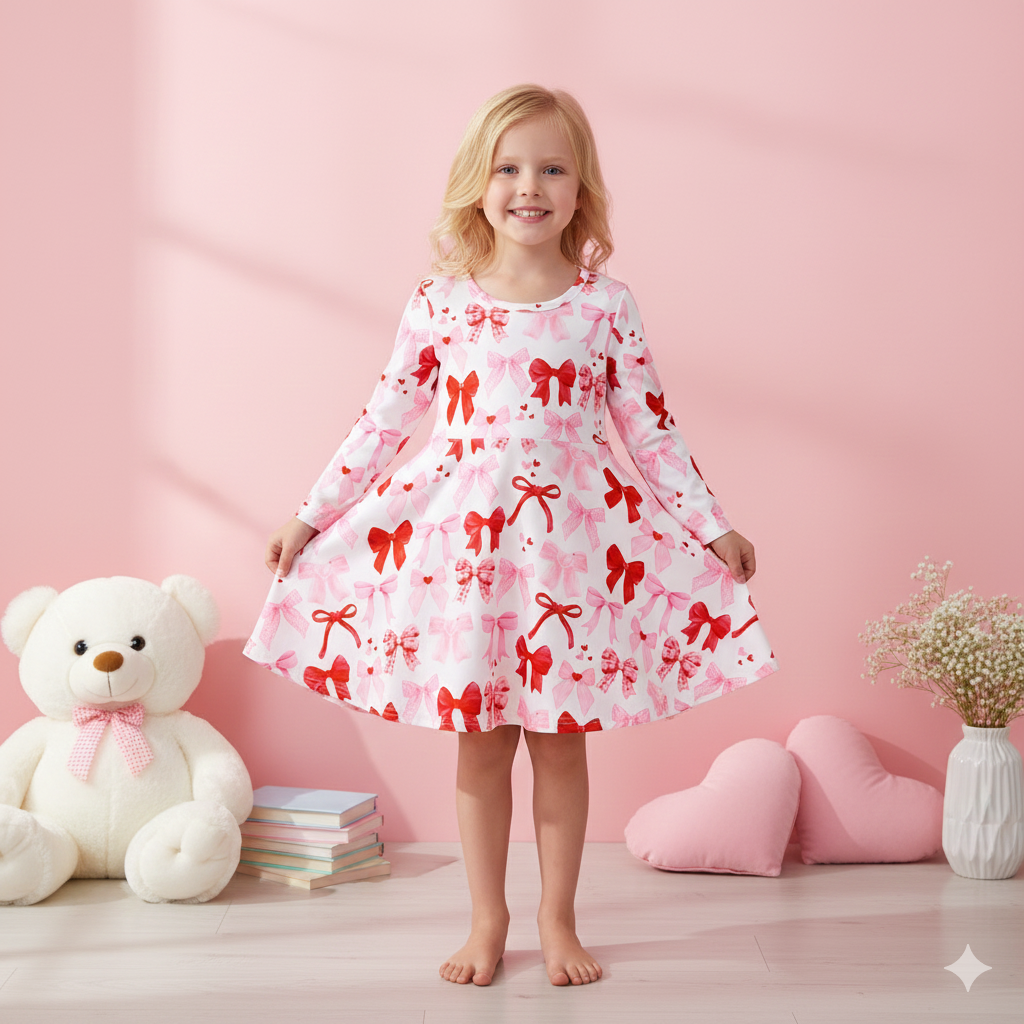 (Pre Order,Prepack Zone)Girls Valentine's Day Bow Print Dress(Mix Size)