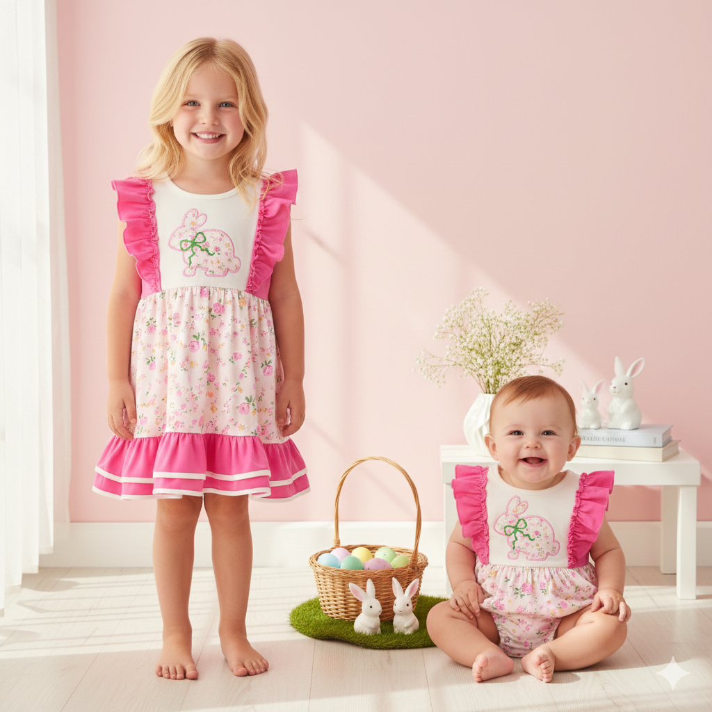 (In Stock)Toddler Girls Easter Bunny Applique Ruffle Romper