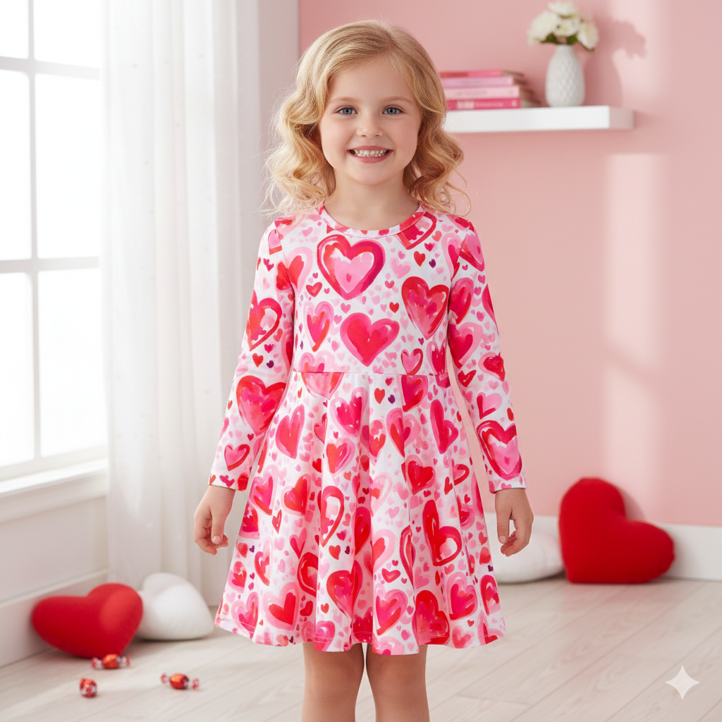 (Pre Order,Prepack Zone)Girls Valentine's Day Print Dress(Mix Size)
