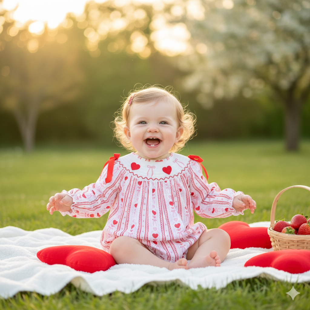 (Pre Order,Prepack Zone)Toddler Girls Valentine's Day Embroidery Smocked Romper