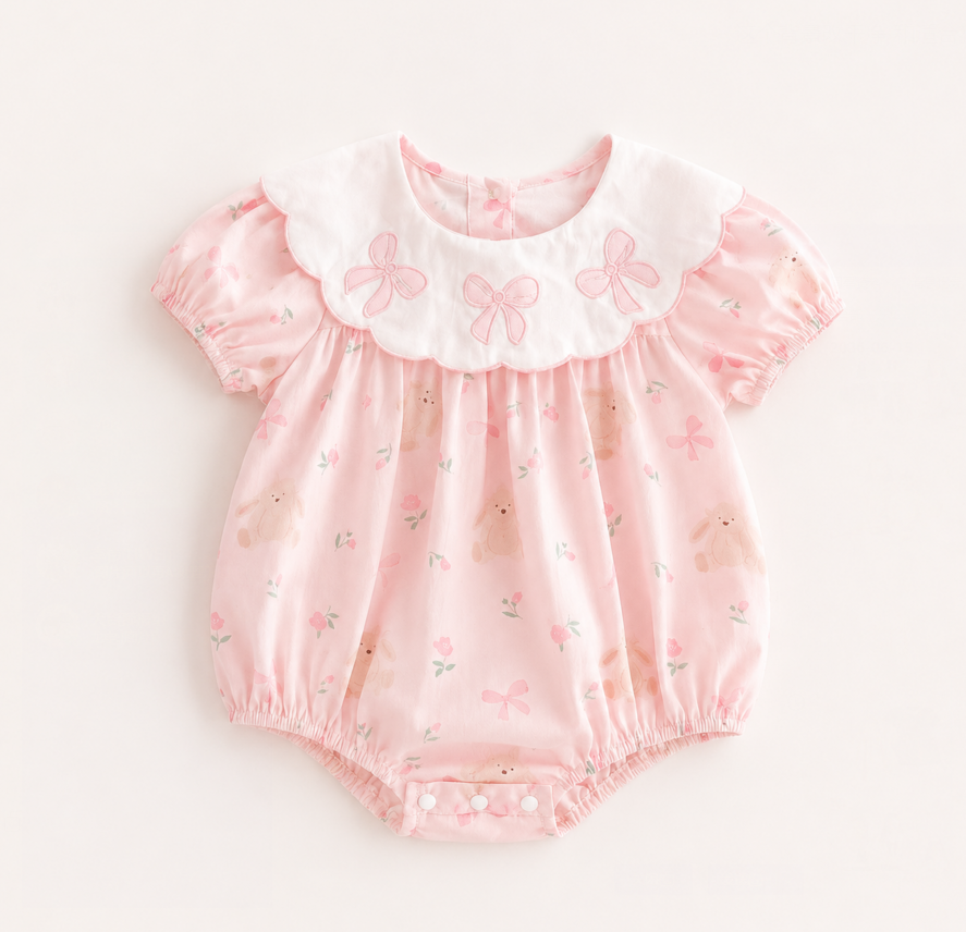 (In Production)Girls Fall Bow Applique Scallop Romper