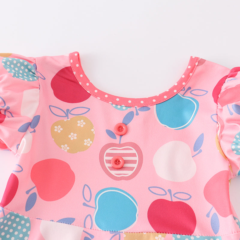 (In Stock E10-03-02)Girls Pink Apple Print Dress