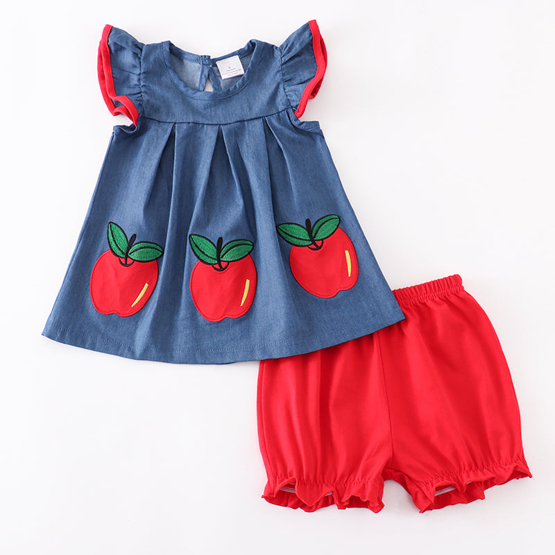 (In Stock)Girls Summer Back To School Denim Apple Embroidery Shorts Set