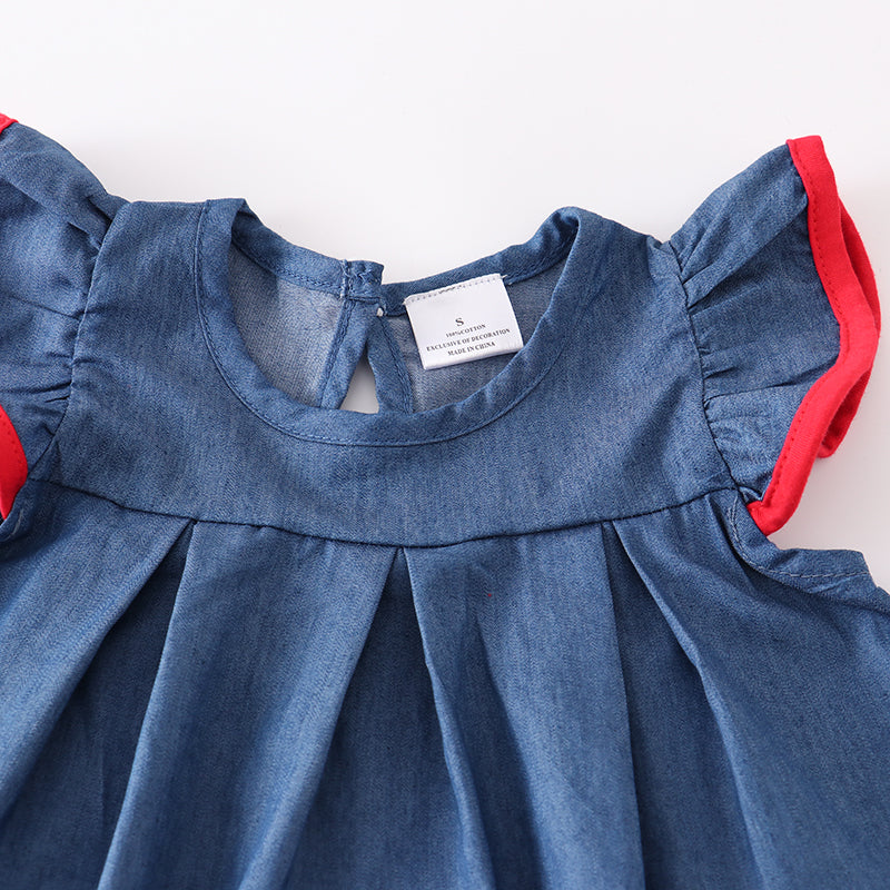 (In Stock)Girls Summer Back To School Denim Apple Embroidery Shorts Set