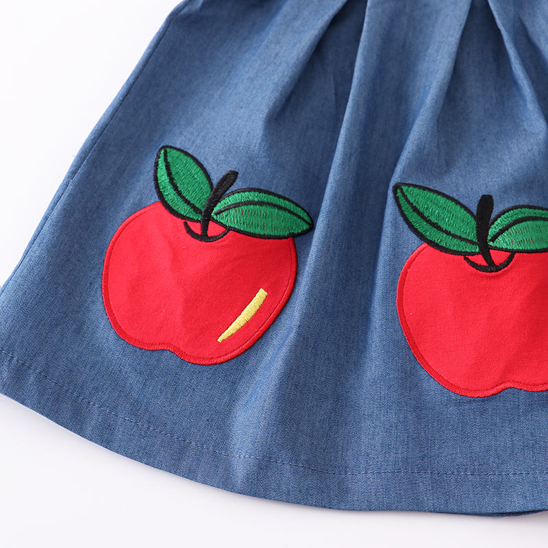 (In Stock)Girls Summer Back To School Denim Apple Embroidery Shorts Set