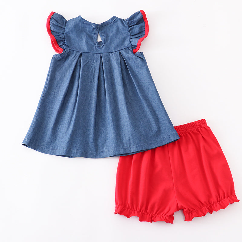 (In Stock)Girls Summer Back To School Denim Apple Embroidery Shorts Set