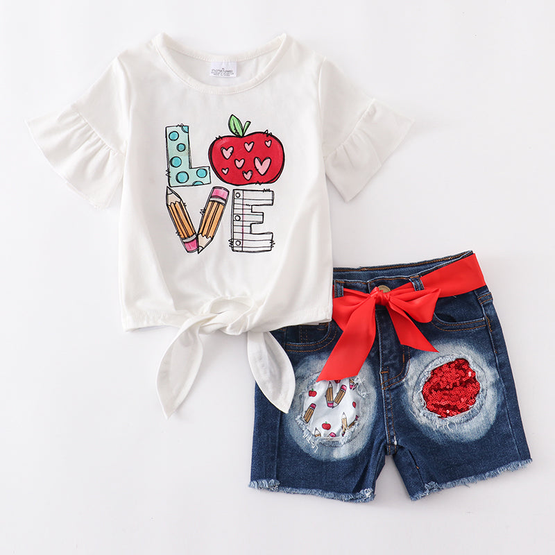 (In Stock)Girls Summer Back To School Love Apple Denim Set