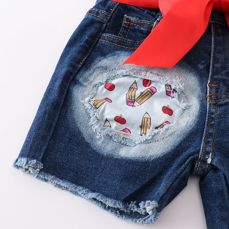 (In Stock)Girls Summer Back To School Love Apple Denim Set