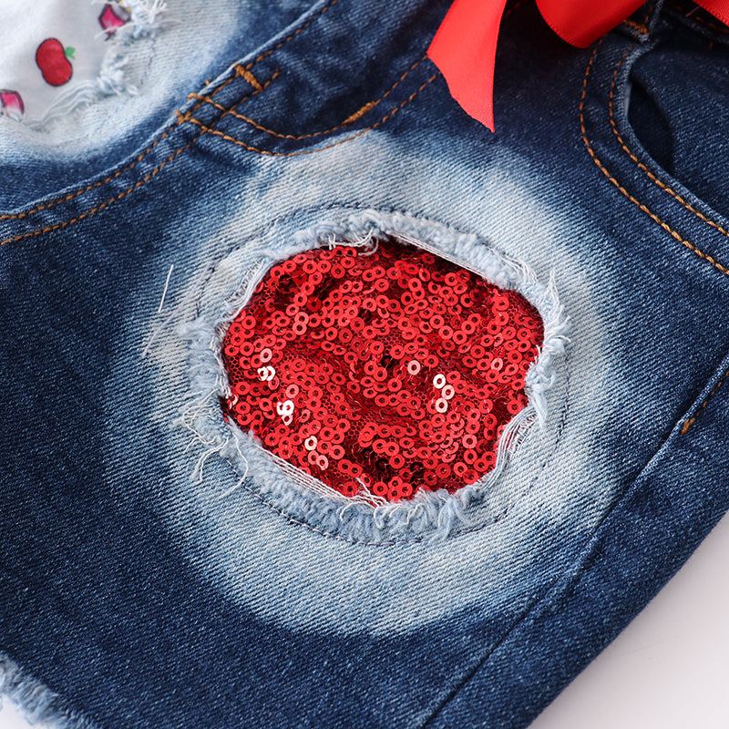 (In Stock)Girls Summer Back To School Love Apple Denim Set