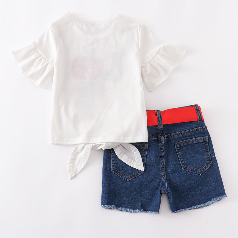 (In Stock)Girls Summer Back To School Love Apple Denim Set