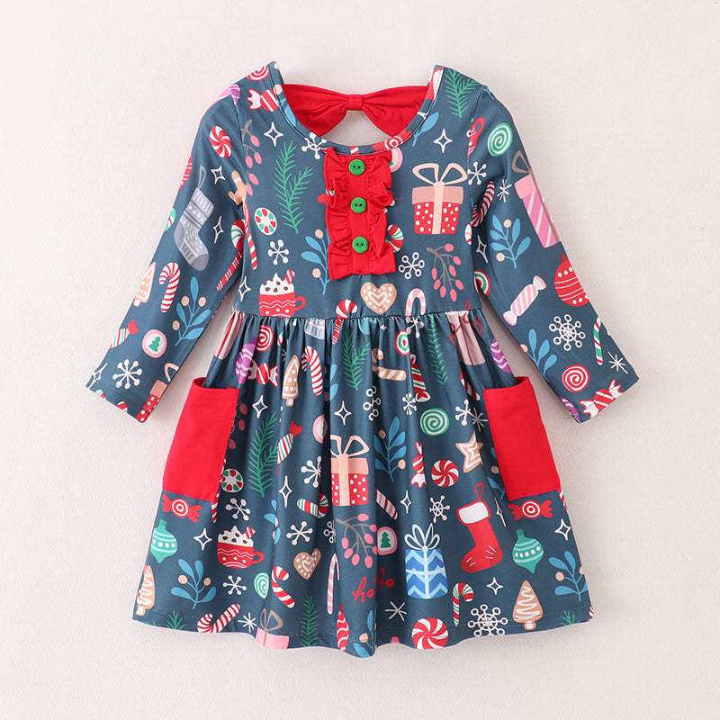 (In Stock L25-02-02)Girls Christmas Print Dress