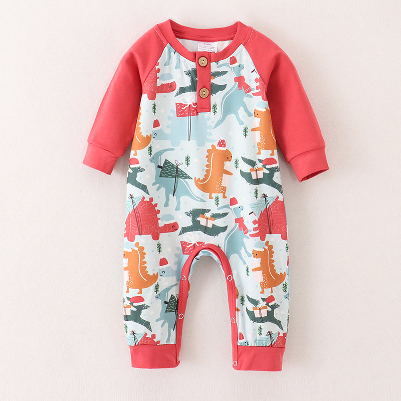 (In Stock G25-1-3)Baby Boys Christmas Dinosaur Print Romper