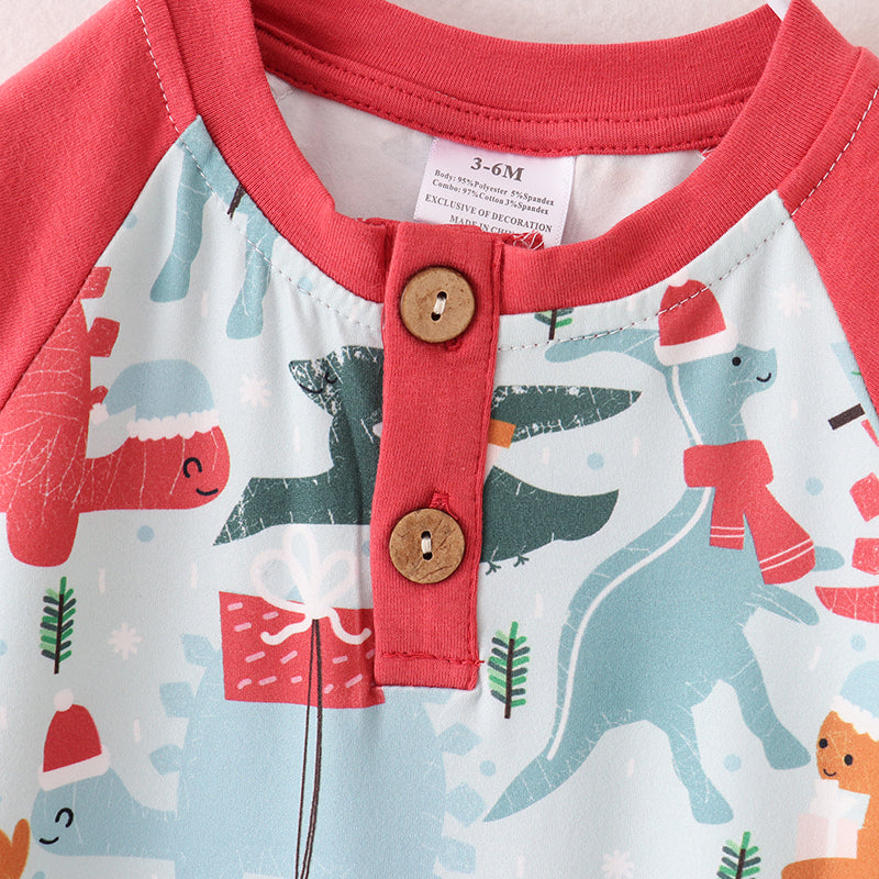 (In Stock G25-1-3)Baby Boys Christmas Dinosaur Print Romper