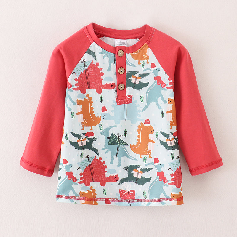 (In Stock L8-2-2)Boys Christmas Dinosaur Print Top