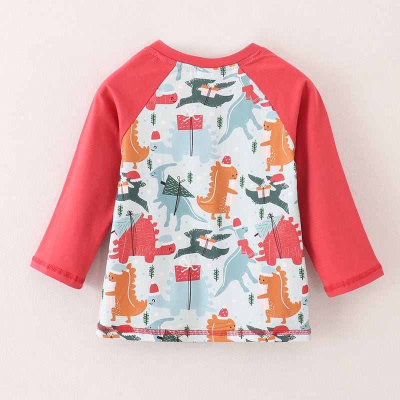 (In Stock L8-2-2)Boys Christmas Dinosaur Print Top