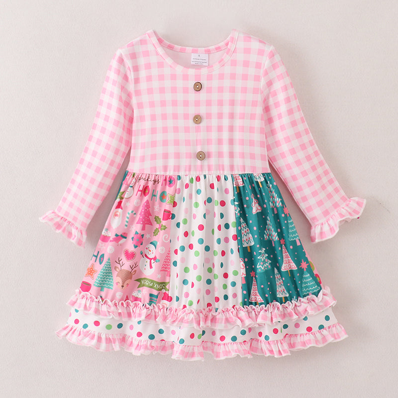 (In Stock E1-1-3)Girls Christmas Stitching Prints Dress