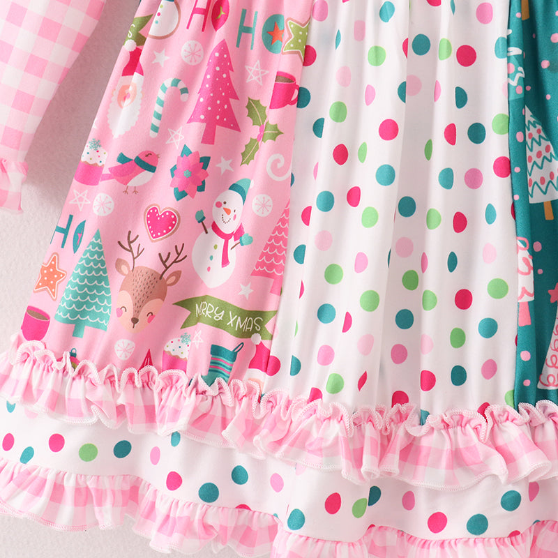 (In Stock E1-1-3)Girls Christmas Stitching Prints Dress
