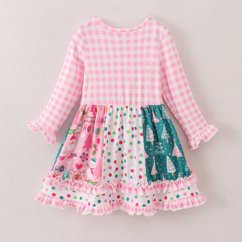 (In Stock E1-1-3)Girls Christmas Stitching Prints Dress