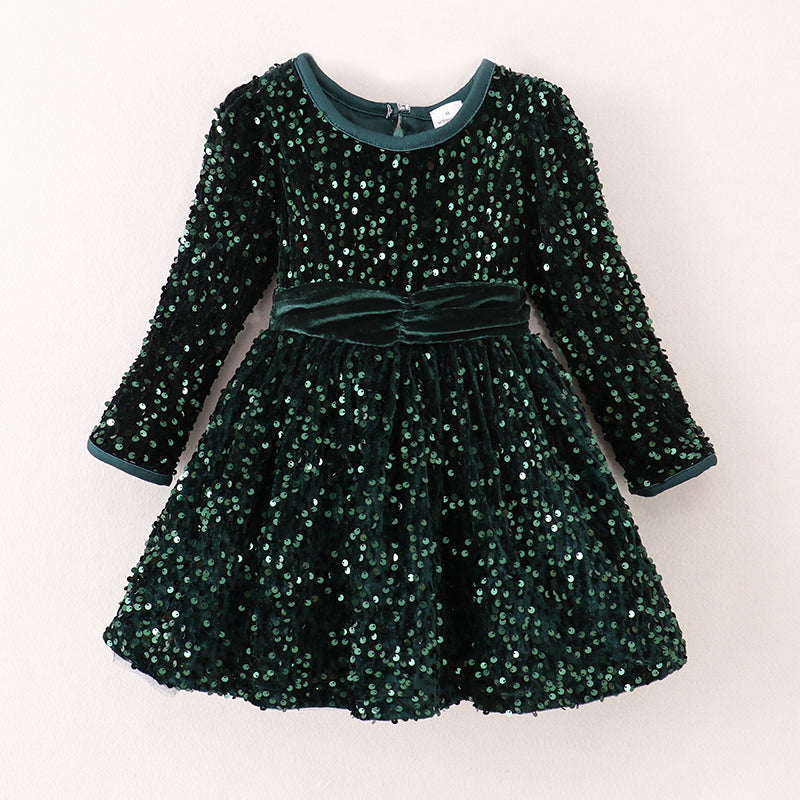 (In Stock G29-1-1)Girls Christmas Sequin Green Velvet Dress