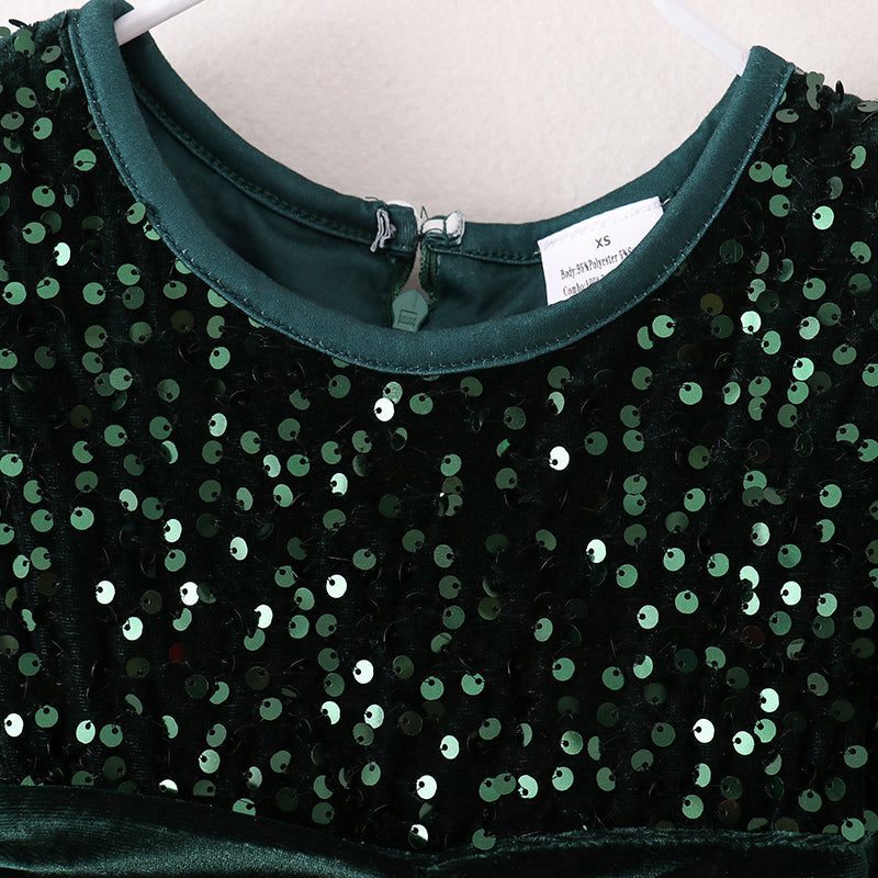 (In Stock G29-1-1)Girls Christmas Sequin Green Velvet Dress