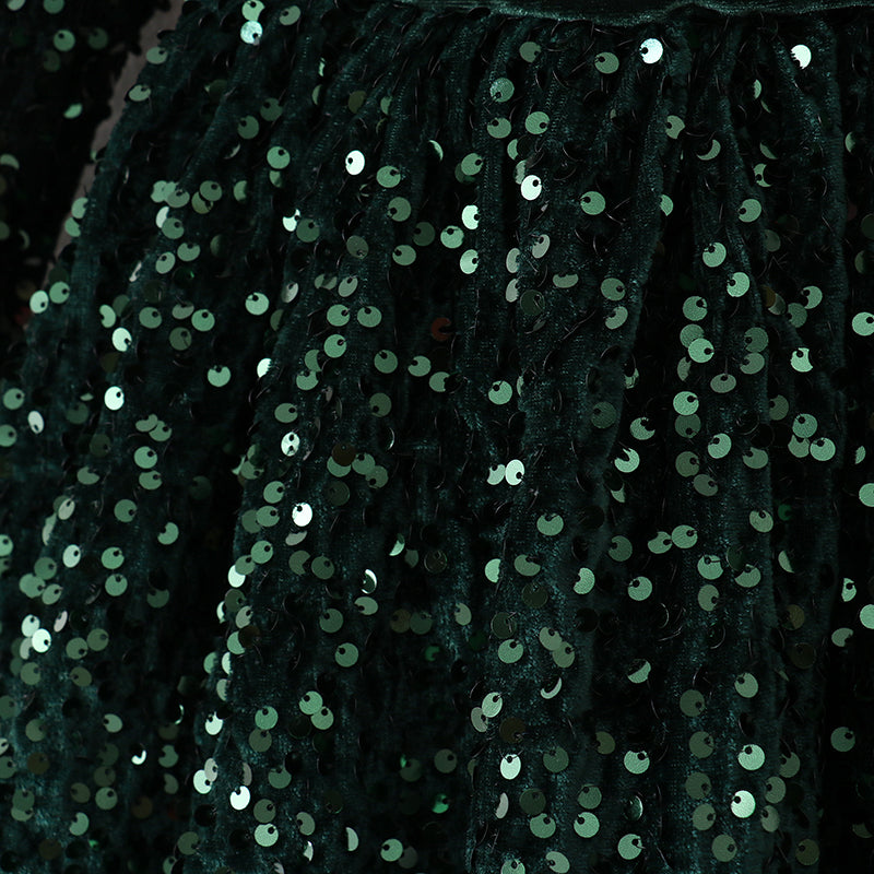 (In Stock G29-1-1)Girls Christmas Sequin Green Velvet Dress