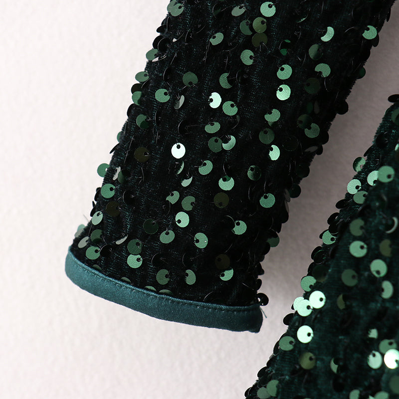 (In Stock G29-1-1)Girls Christmas Sequin Green Velvet Dress