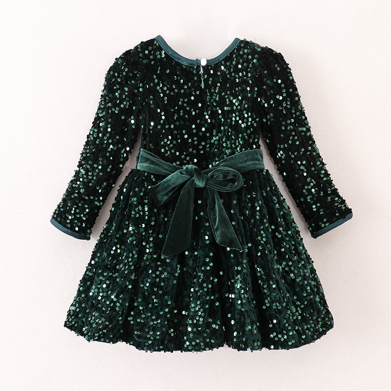 (In Stock G29-1-1)Girls Christmas Sequin Green Velvet Dress