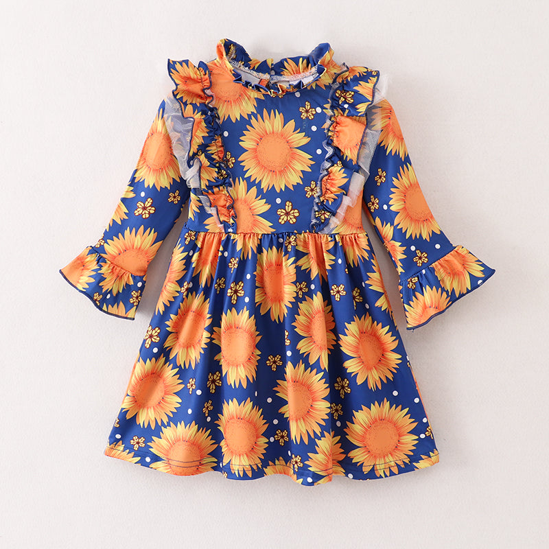 (In Stock E21-3-2)Fall Girls Sunflower Print Dress