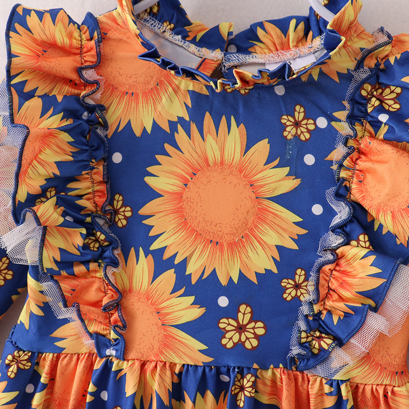 (In Stock E21-3-2)Fall Girls Sunflower Print Dress