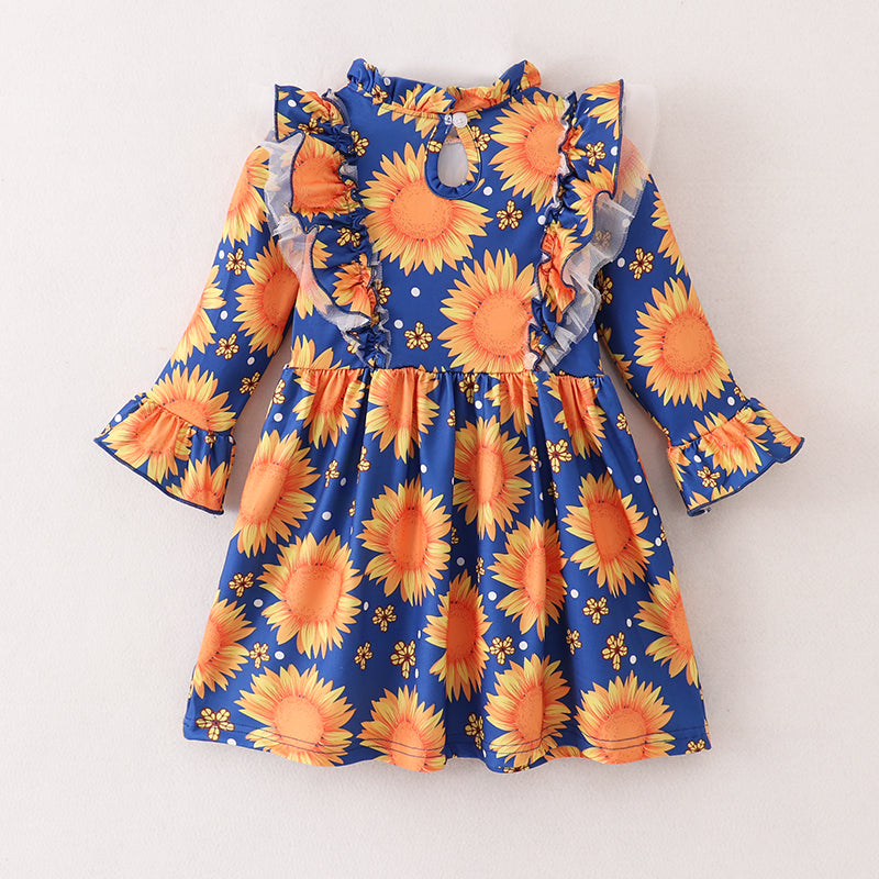 (In Stock E21-3-2)Fall Girls Sunflower Print Dress