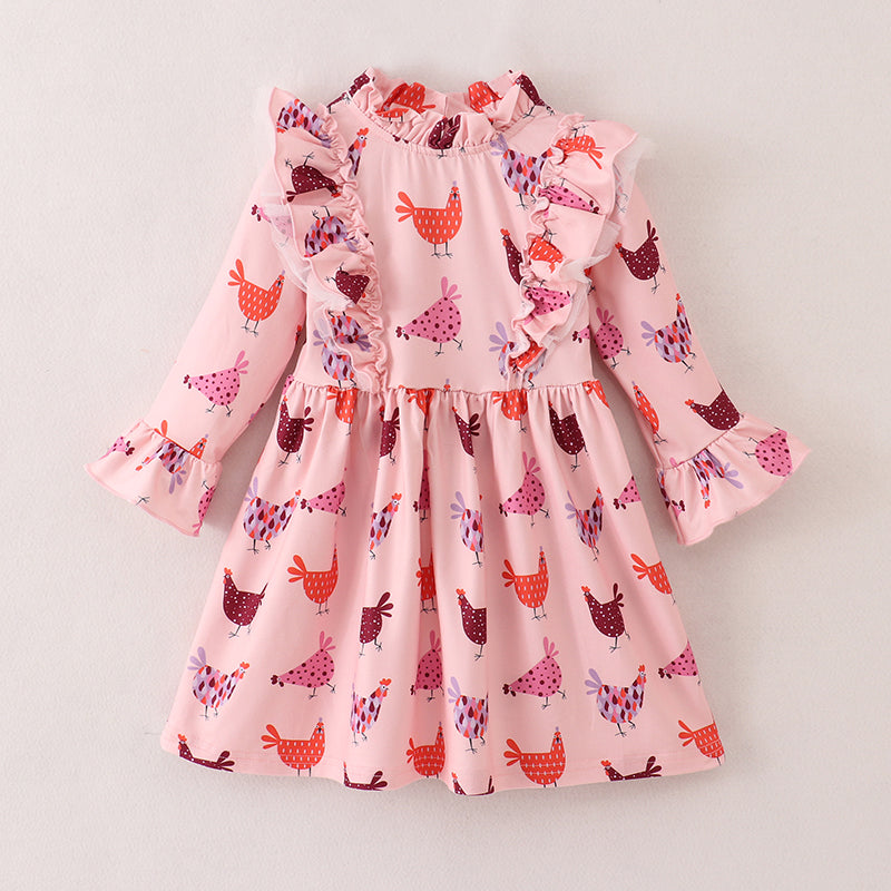 (In Stock E21-1-1)Fall Girls Pink Chick Print Dress