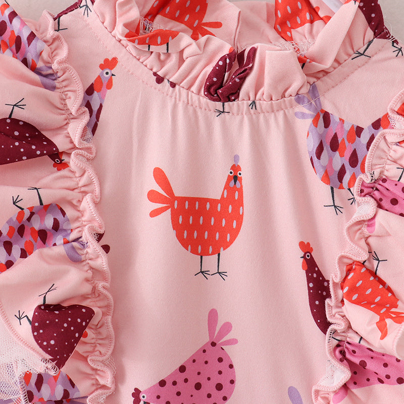 (In Stock E21-1-1)Fall Girls Pink Chick Print Dress