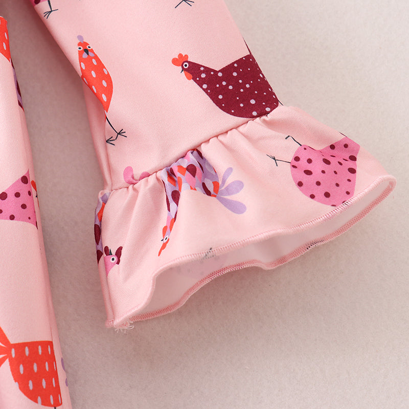 (In Stock E21-1-1)Fall Girls Pink Chick Print Dress