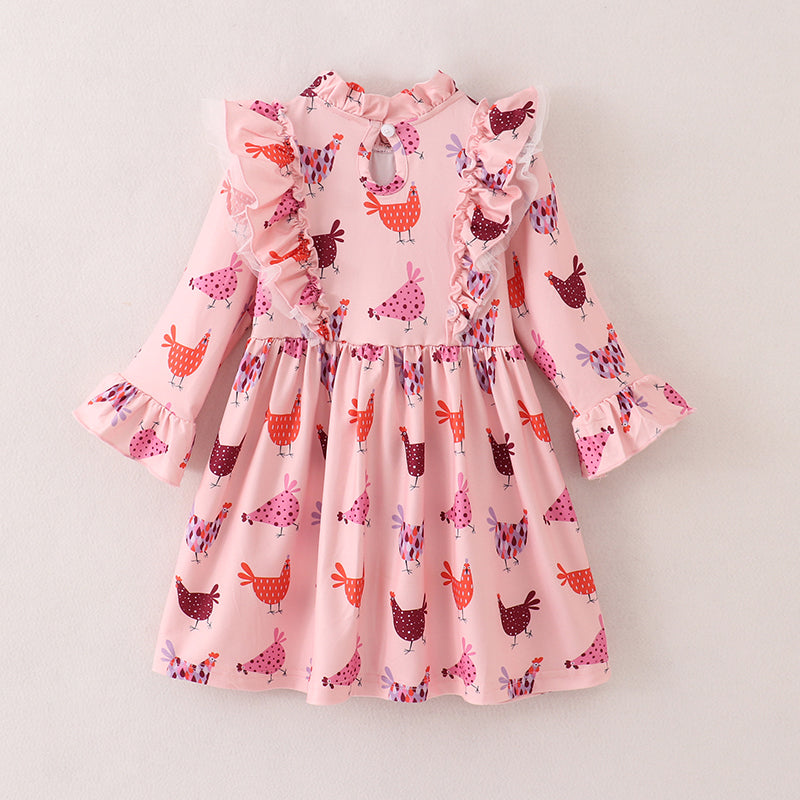 (In Stock E21-1-1)Fall Girls Pink Chick Print Dress