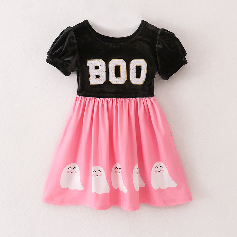 (In Stock E31-4-2)Girls Halloween Chenille Patches Velvet Dress