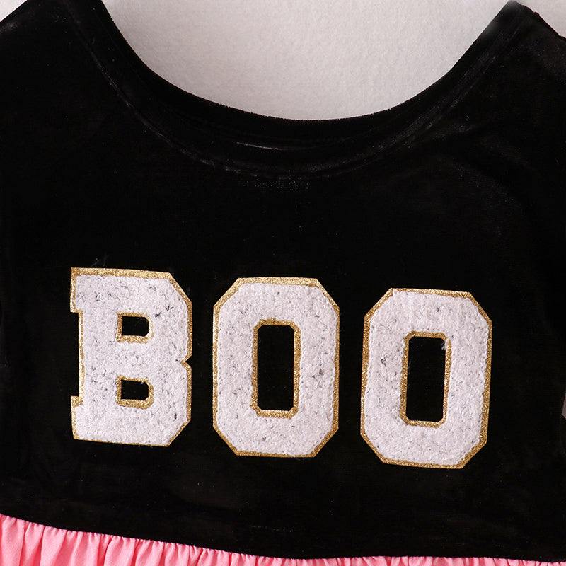 (In Stock E31-4-2)Girls Halloween Chenille Patches Velvet Dress