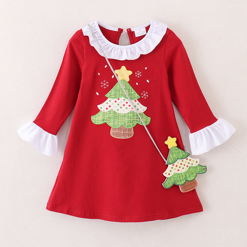 (In Stock E0-2-1)Girls Christmas Applique Dress with Bag