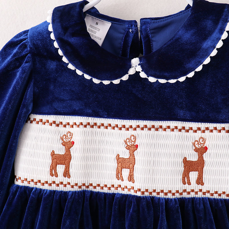 (In Stock E1-2-2)Girls Christmas Embroidery Smocked Velvet Dress