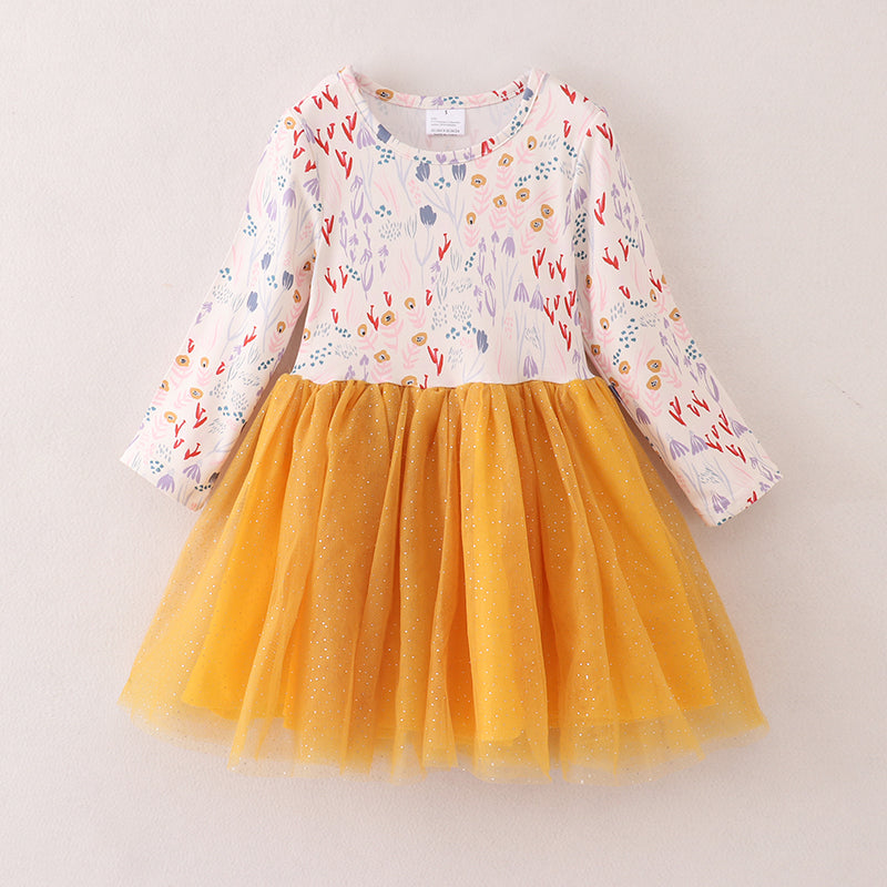 (In Stock E21-4-3)Fall Girls Yellow Tulle Dress
