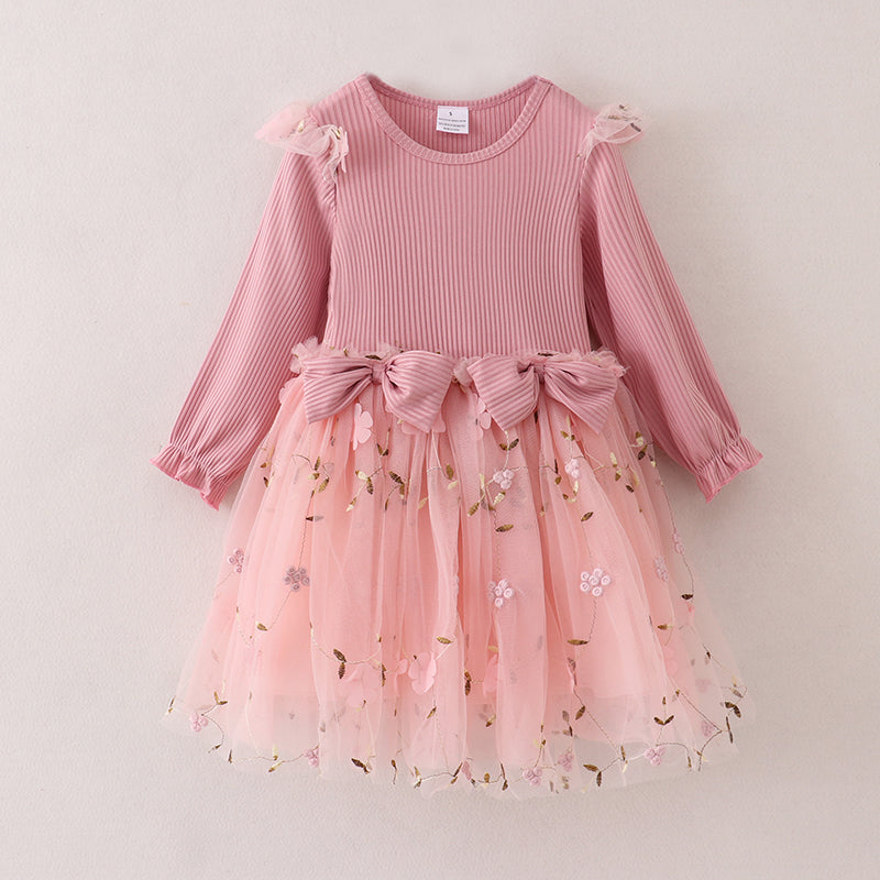 (In Stock E33-1-3)Fall Girls Pink Floral Embroidery Tulle Dress