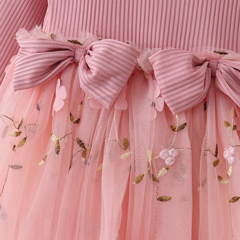 (In Stock E33-1-3)Fall Girls Pink Floral Embroidery Tulle Dress