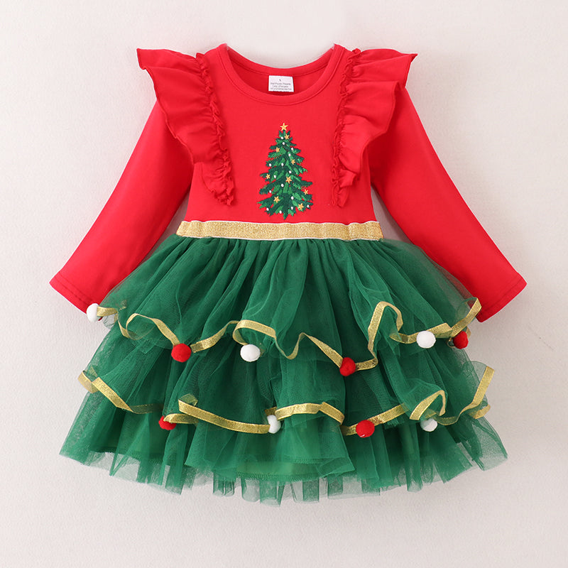 (In Stock G14-4-2)Girls Christmas Tree Embroidery Tulle Dress