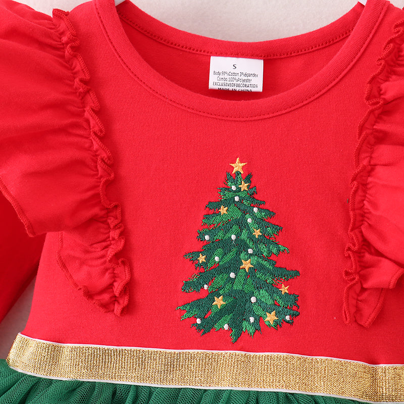 (In Stock)Girls Christmas Tree Embroidery Tulle Dress