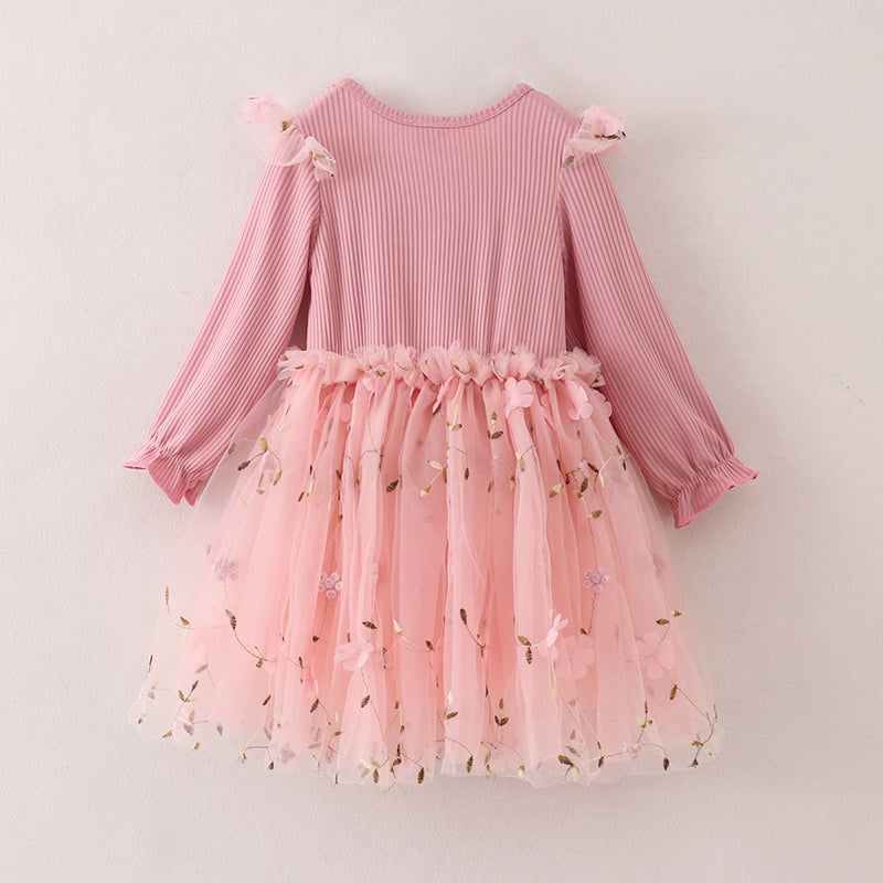 (In Stock E33-1-3)Fall Girls Pink Floral Embroidery Tulle Dress