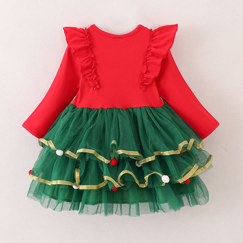 (In Stock)Girls Christmas Tree Embroidery Tulle Dress