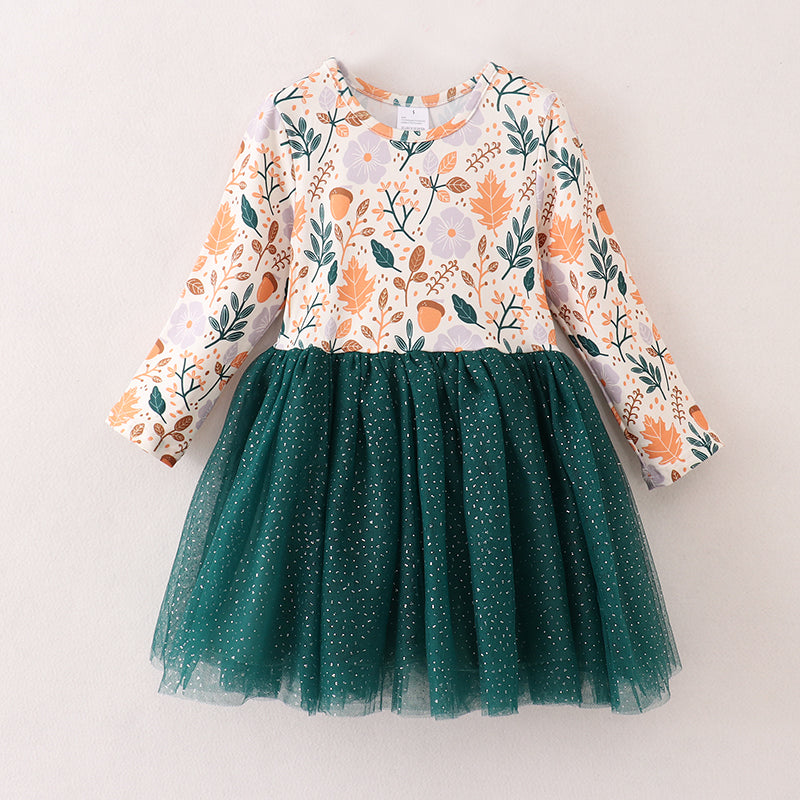 (In Stock E21-5-1)Fall Girls Dark Green Tulle Dress