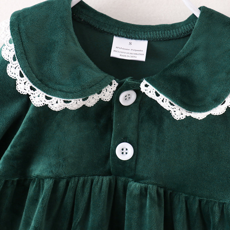 (In Stock G33-1-2)Girls Christmas Green Velvet Dress