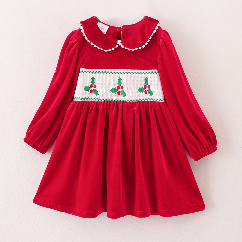 In Stock E1-2-2Girls Christmas Embroidery Smocked Velvet Dress
